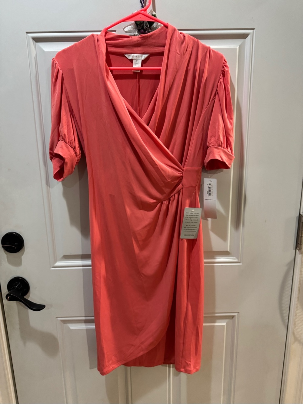London Times Coral-Red Surplice Mini Dress